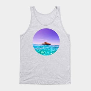 Holographic Shades Of Blue Ocean Summer Beach Waves With Vintage Yacht Under The Clear Sky Tank Top